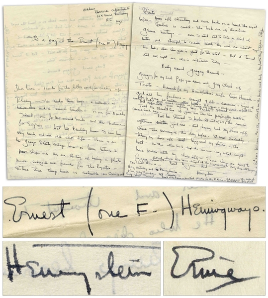 Ernest Hemingway Autograph Letter Signed Three Times, Including as ''Hemingstein'', Announcing the Birth of His Son -- ''...This makes three boys - a matador - a banderellero and a sword handler...''